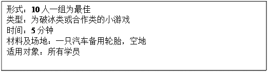 文本框: 形式：10人一组为最佳类型：为破冰类或合作类的小游戏时间：5分钟材料及场地：一只汽车备用轮胎，空地适用对象：所有学员