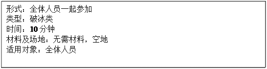 文本框: 形式：全体人员一起参加类型：破冰类时间：10分钟材料及场地：无需材料，空地适用对象：全体人员