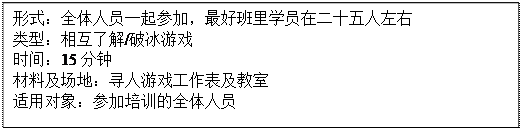 文本框: 形式：全体人员一起参加，最好班里学员在二十五人左右类型：相互了解/破冰游戏时间：15分钟材料及场地：寻人游戏工作表及教室适用对象：参加培训的全体人员