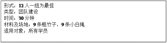 文本框: 形式：12人一组为最佳类型：团队建设时间：30分钟材料及场地：9条粗竹子，9条小白绳适用对象：所有学员