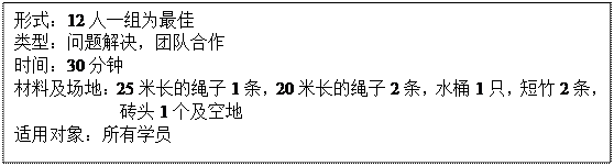 文本框: 形式：12人一组为最佳类型：问题解决，团队合作时间：30分钟材料及场地：25米长的绳子1条，20米长的绳子2条，水桶1只，短竹2条，            砖头1个及空地                         适用对象：所有学员